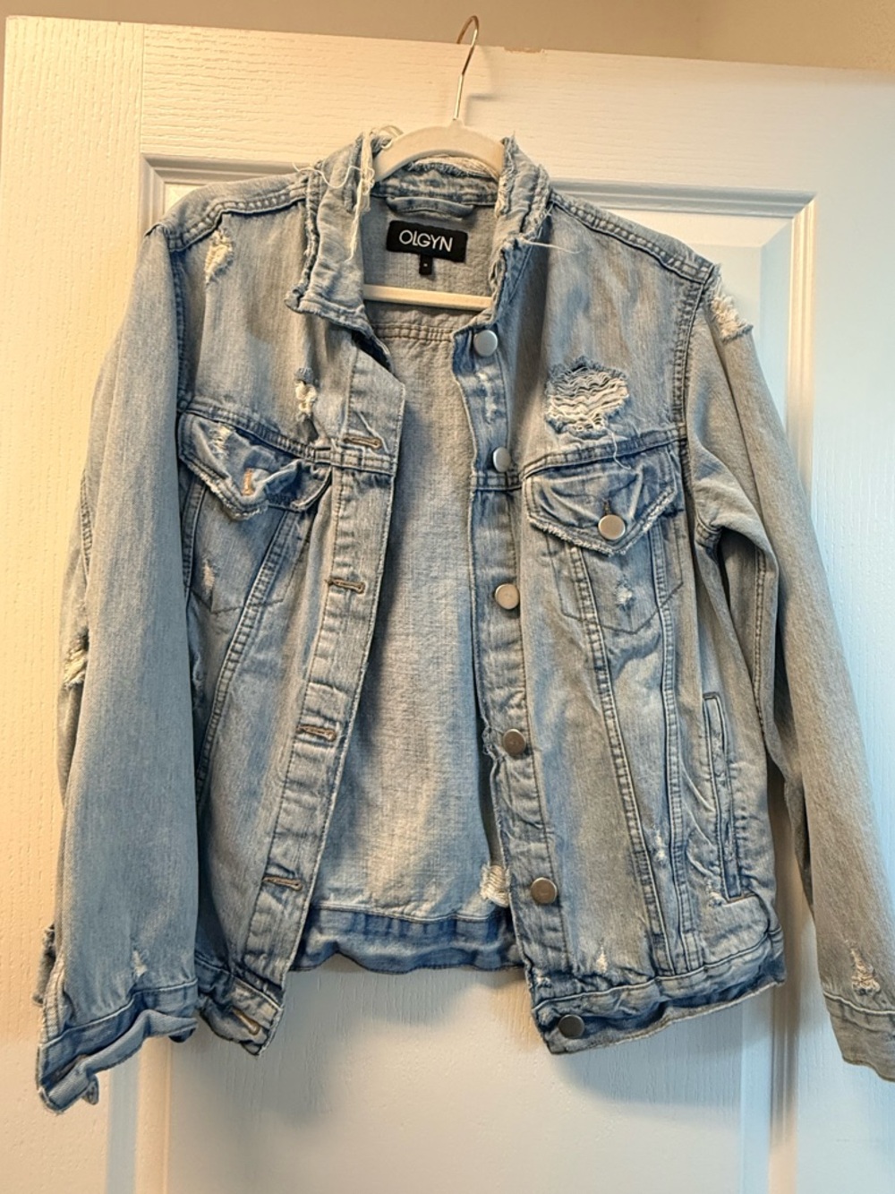 Light Wash Distressed Denim Jacket - Light Blue